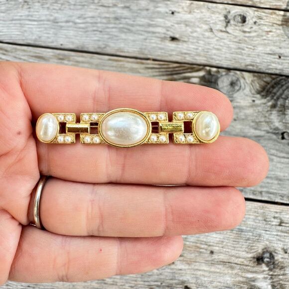 vintage Jewelry - Gold Bar pin Pearl Bar Long Brooch